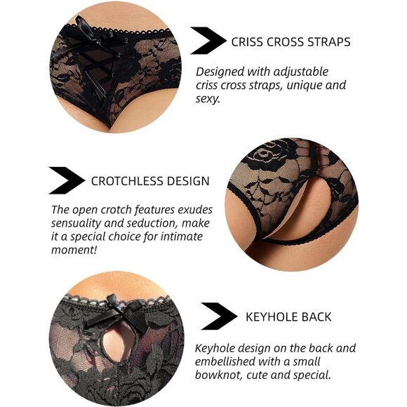 Women's Black Lace Short Crotchless Sexy Panties Crisscross Strappy Underwear - Picture 4 of 7